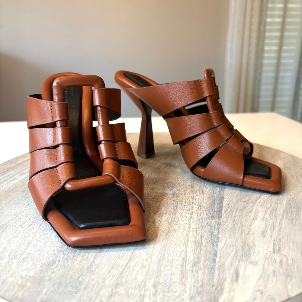 Mercedes Castillo Cage Mule Heels Cognac Leather Sculptural Sandals Women's Sz 8
